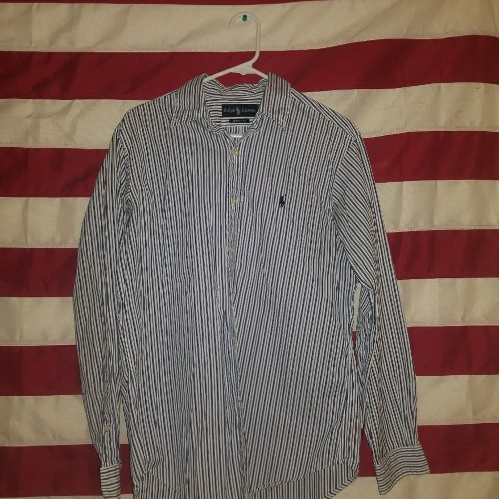 Blue & White striped button up Polo